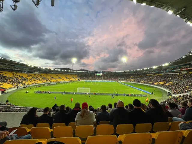 Professional football match at dusk in a floodlit Wellington stadium, seen from the yellow seats